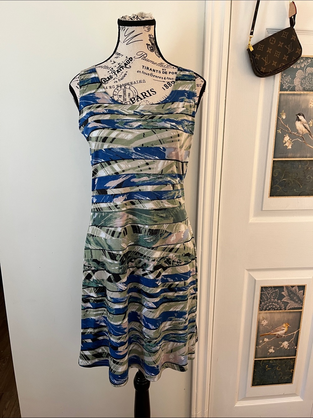 Blue, Green & Cream Abstract Striped Sleeveless Dress